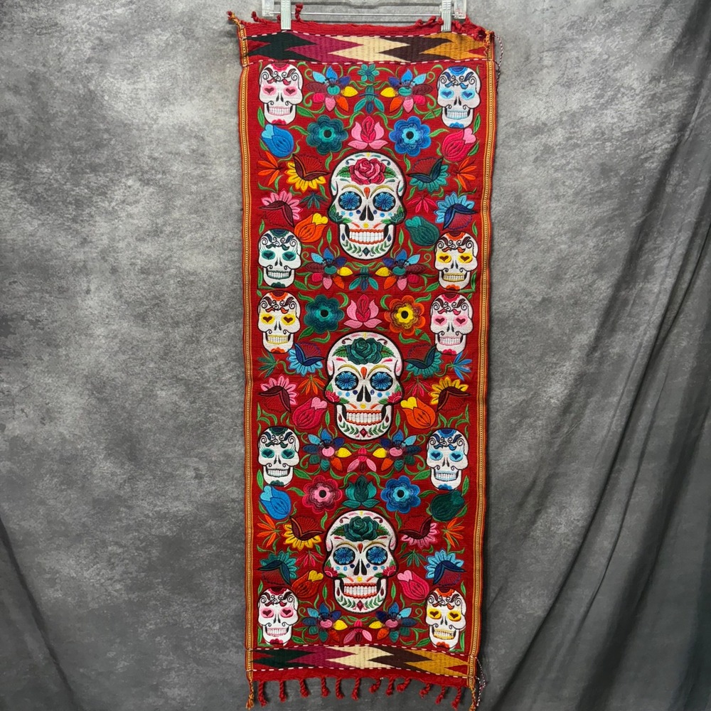 Mexican Hand Embroidered Sugar Skull Day of the Dead Table Runner Red 50x17.5